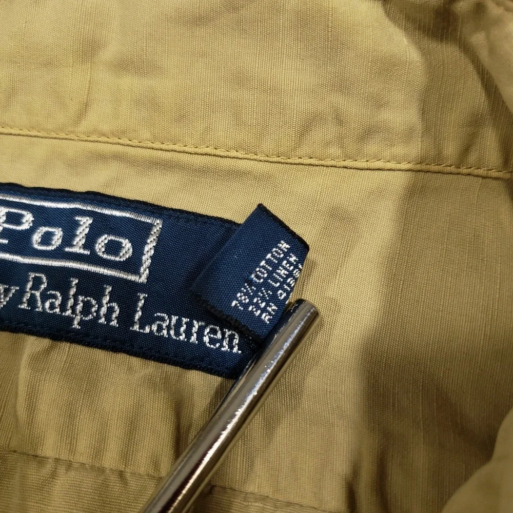 Polo Ralph Lauren Safari Button Up Shirt Men Medium Tan Linen Blend Short Sleeve